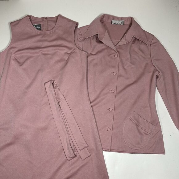 Vtg 60’s 2pc Edith Flagg California Pink A-line Midi Dress & Jacket Belted Sz L - Picture 4 of 13